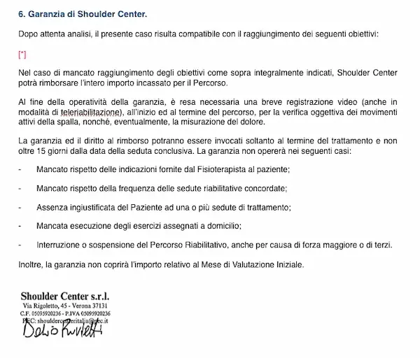 Garanzia Fisioterapia per dolore alla spalla Immagine della garanzia di Shoulder Center per tutelare la riabilitazione di chi soffre di dolore alla spalla e non sa come risolverlo.